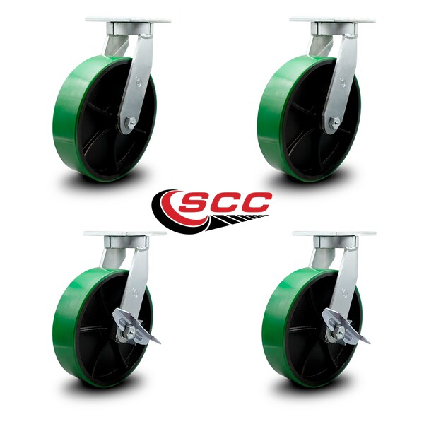 Service Caster 12 Inch Heavy Duty Green Poly on Cast Iron Wheel Swivel Caster Set with 2 Brakes SCC-KP92S1230-PUR-GB-2-SLB-2 - main